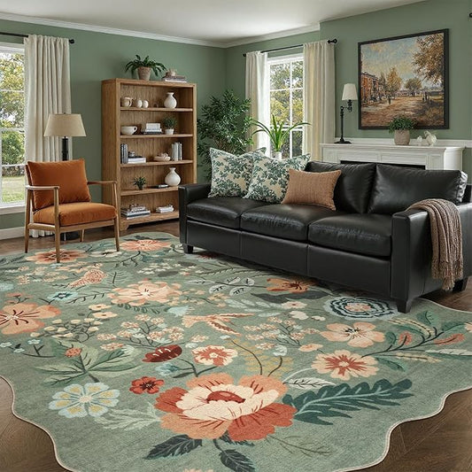 DCX Vintage Floral Rug 8x10, Washable Sage Green Rug for Living Room, Kid & Pet Friendly with Rubber Back Non Slip, Soft Low Pile Carpet, Stain Resistant Rug for Bedroom, Nursery, Dining Room