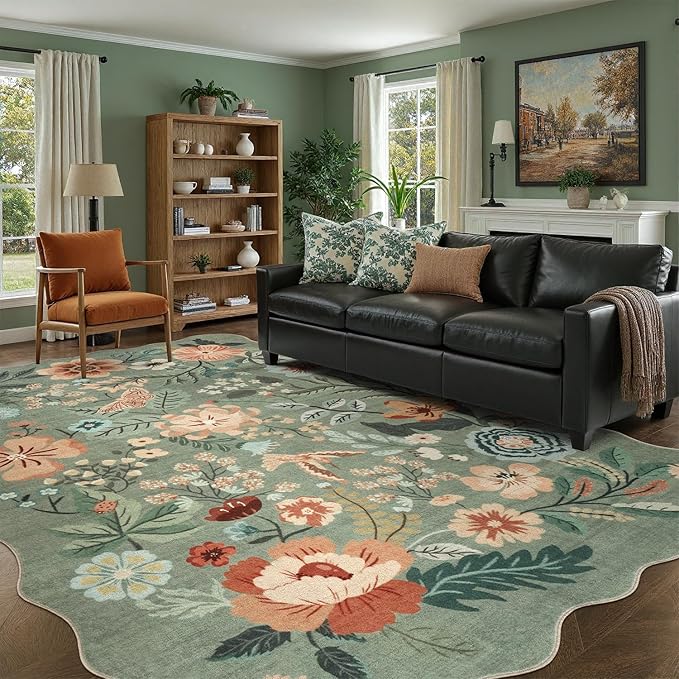 DCX Vintage Floral Rug 9x12, Washable Sage Green Rug for Living Room, Kid & Pet Friendly with Rubber Back Non Slip, Soft Low Pile Carpet, Stain Resistant Rug for Bedroom, Nursery, Dining Room