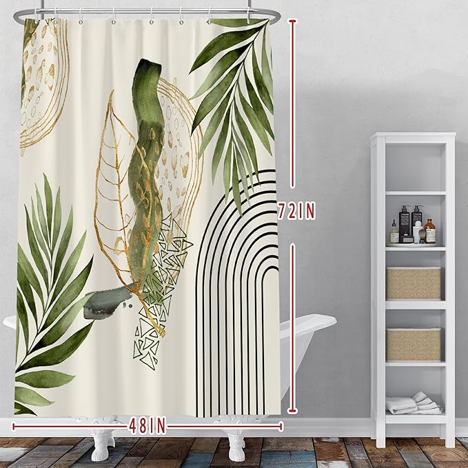 Baocicco Boho Shower Curtain Green Gold Leaves Modern Abstract Geometric Minimalist Shower Curtains Decorative for Bathroom Waterproof Fabric Shower Curtain with Hooks 48x72 Inches