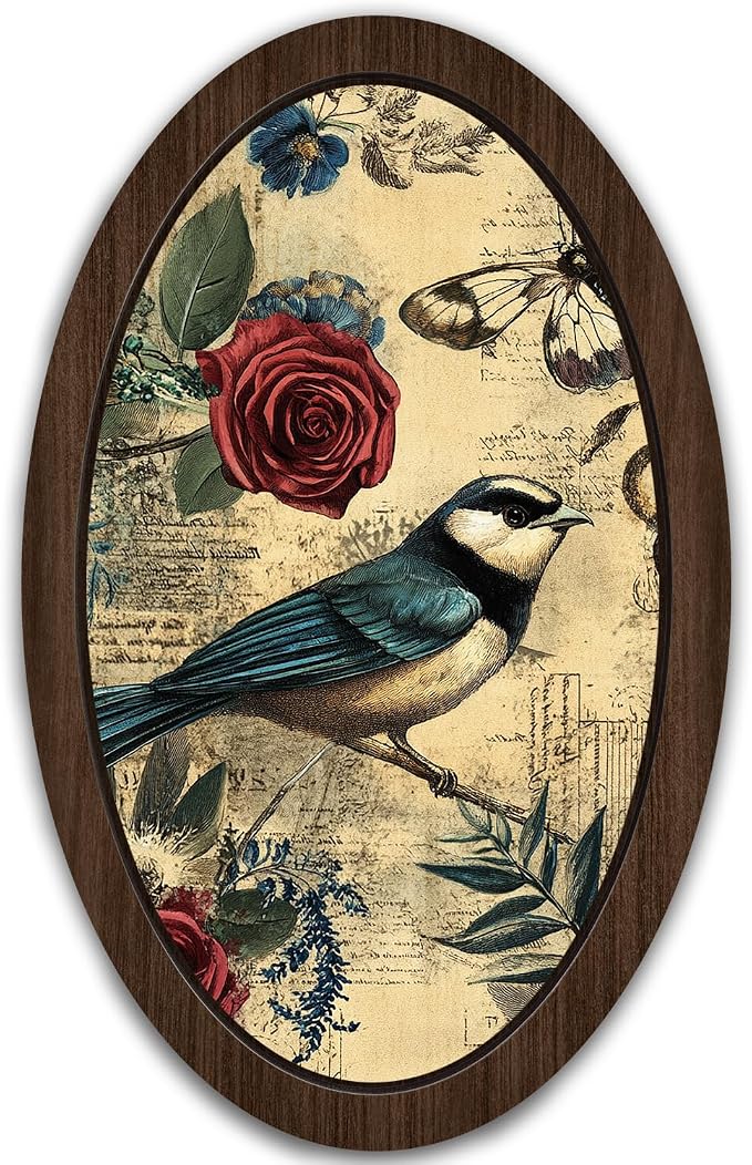 UYIKG Vintage Rustic Farmhouse Oval Framed Wall Art Decor,Floral Bird Cottage Core Vintage Wall Decor for Theme Room Home Bedroom Living Room Home Office 9x14.6 in
