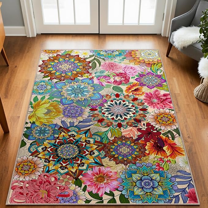 3'x5' Boho Floral Area Rugs for Entryway Kitchen Living Room Bedroom, Non-Slip Machine Washable Colorful Flower Entry Rugs Carpet Door Mat Indoor Entrance Aesthentic