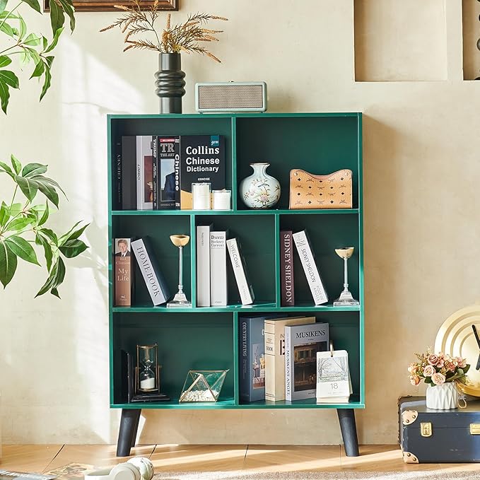 LEYAOYAO Cube Bookshelf 3 Tier Mid-Century Dark Green Modern Bookcase with Legs,Retro Wood Bookshelves Storage Organizer Shelf,Freestanding Open Book Shelves for Bedroom,Living Room,Office
