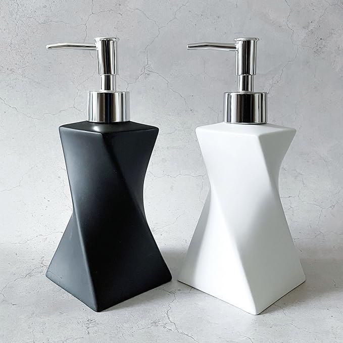2 Pack Modern White & Black Hand Soap Dispenser Set for Bathroom Countertop, Dish Soap Dispenser for Kitchen, Contemporary Art Style, Rust Proof, 8.5oz