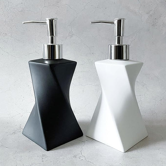 2 Pack Modern White & Black Hand Soap Dispenser Set for Bathroom Countertop, Dish Soap Dispenser for Kitchen, Contemporary Art Style, Rust Proof, 8.5oz