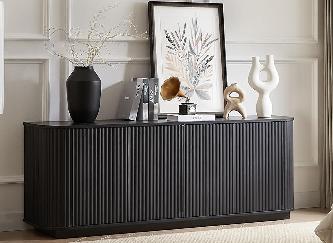 LKTART 64" Sideboard Buffet Cabinet with Storage, Wooden Fluted Storage Cabinet Sideboard Credenza with Adjustable Shelves Pressed Spring for Kitchen Living Room (Black)
