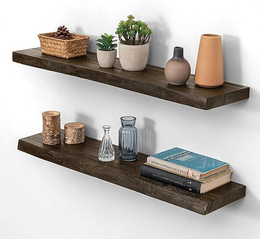 Rustic Floating Shelves for Home Decor, 32 Inch Long Wall Shelves Set of 2, Solid Elm Wood Live Edge Floating Shelf for Wall, 8 Inch Deep Bookshelf for Storage, 32 x 8 Bathroom Shelf, Walnut Color