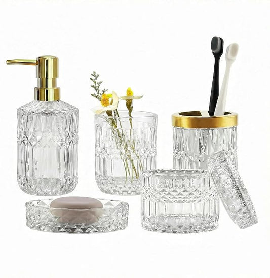 LaMarriti Clear Bathroom Accessories Set, 5pcs Crystal Glass Bathroom Set Accessories, Soap Dispenser, Toothbrush Holder Set, Soap Dish, Tumbler, Qtips Holder for Vintage Bathroom Decor, Gift Set