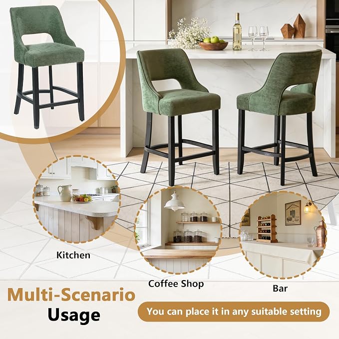 ClinQ Bar Stools Set of 2, 26" H Counter Height Bar Stools with Backs, Modern Upholstered Accent Barstools with Curved Footrest for Kitchen Island, Dining Room and Bar, Green-Black Legs