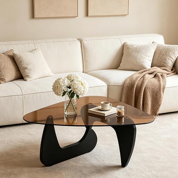 35.8'' Modern Brown Glass Coffee Table with Geometry Base, Triangle Shape Coffee Table for Living Room Office, Black Finish Wood Base, Mid-Century Style Cocktail Center Table for Small Space