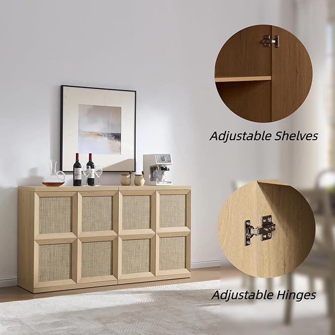 VividVibe Sideboard Buffet Cabinet with Storage, 62.9”Large Boho Credenza with 4 Doors, Coffee Bar Cabinet Farmhouse Modern for Entryway Living Room Natural Oak