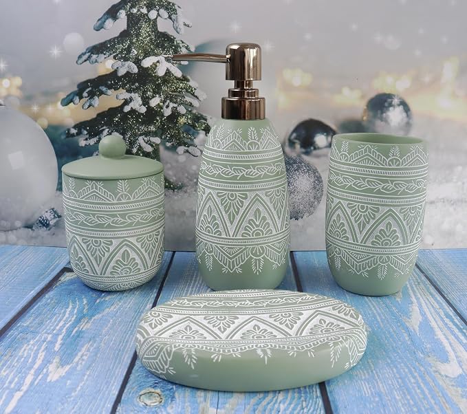 Hymmah Green Bathroom Accessories Set,Farmhouse Bathroom Decor,4 Pcs Resin Gift Set Apartment Necessities, Contain Cotton Swab Jar,Soap Dispenser,Tumbler，Soap Dish/Tray