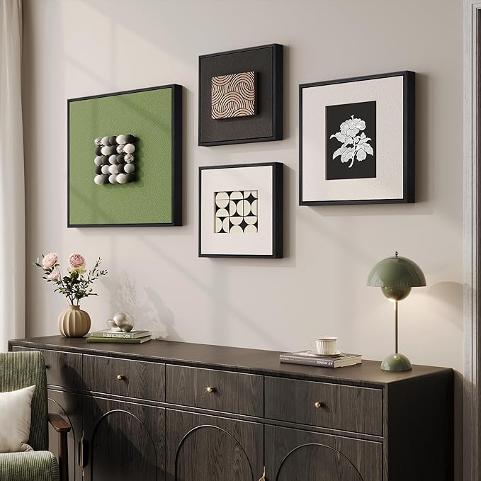 Large Framed Modern Wall Art Decor for Living Room, 4 Piece 3D Textured Minimalist Geometric Artwork for Walls, Sage Green Black and White Paintings Wall Home Decor for Dining Room, Hallway, Bedroom