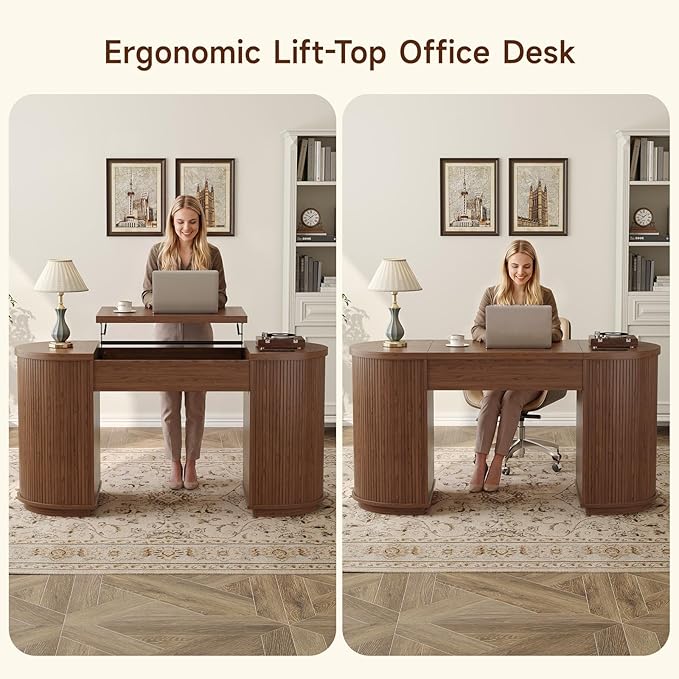 ONBRILL 59 Inches Office Desk with Lift Top, Fluted Executive Desk w/Charging Outlets, Mid-Century Modern Computer Desk with Storage, Curved Study Desk for Work/Study/Writing, Walnut
