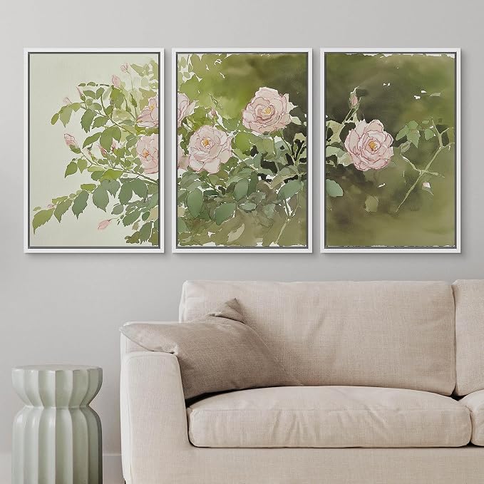 wall26 Framed Print Wall Art Set Blush Pink Rose Garden Botanical Decorative Minimal Relax/Zen for Living Room, Bedroom, Office - 16"x24"x3 WHITE