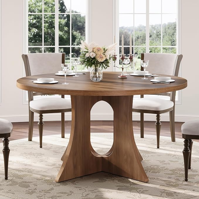 Round Dining Table for 4-6 People, 43.3 Inch Circle Kitchen Table with Sturdy Legs & Adjustable Foot Pads, Modern Farmhouse Dinner Table for Dining Room and Apartment, Walnut