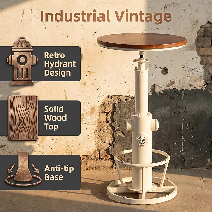 Topower Industrial Bar Table 38.58-48.43" Adjustable Pub Table Kitchen Dining Coffee Bistro Table Antique White