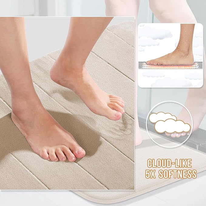 Yimobra Memory Foam Toilet Bath Mat U-Shaped, Soft and Comfortable, Super Water Absorption, Non-Slip, Thick, Machine Wash and Easier to Dry for Bathroom Commode Contour Rug, 24 X 20 Inches, Beige