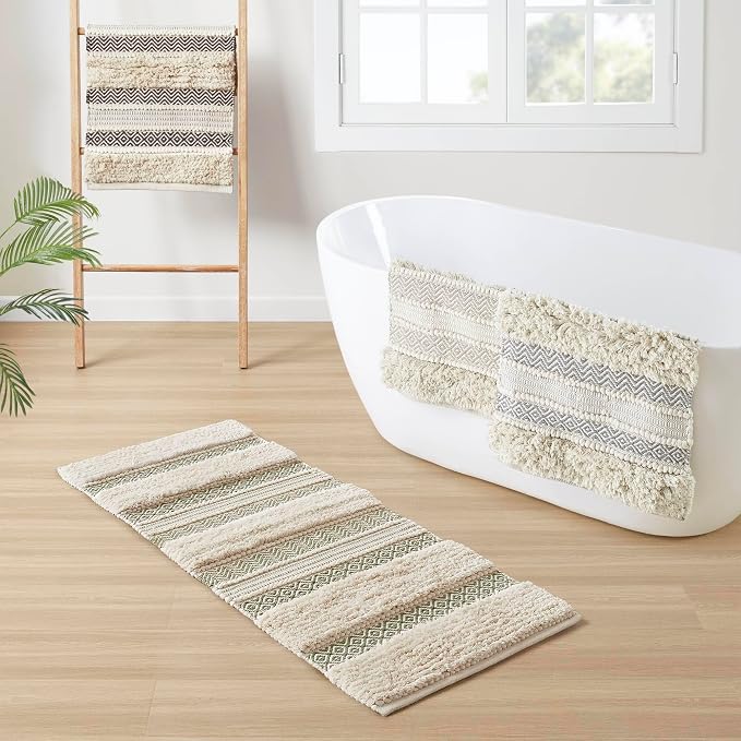 Ink+Ivy Bath Rug Hand-Woven Texture Shaggy Striped Soft & Water Absorbent, Boho Bathroom Décor Bath-Mats, Non-Slip Absorbent Quick Dry Mats for Tub, Shower Room, Asher, 22x58, Sage Green 1 Piece