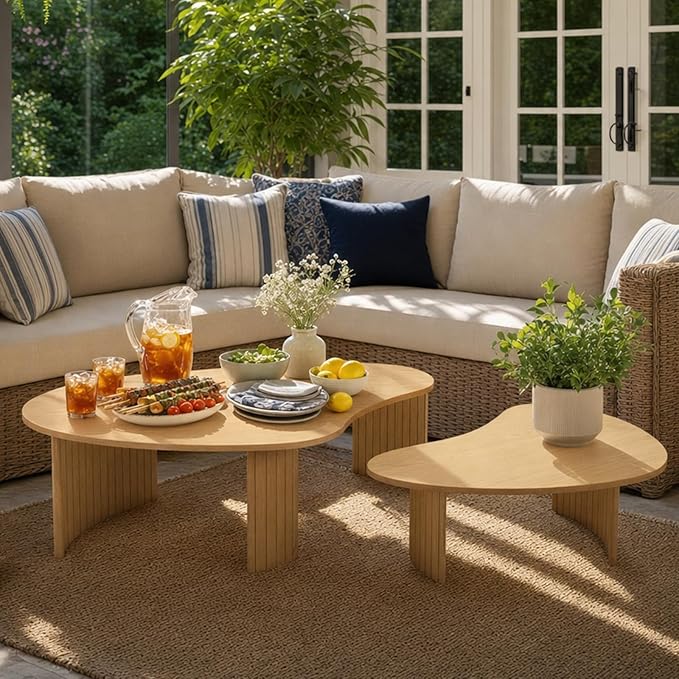 Nesting Coffee Tables Set of 2 – Cloud/Mango Shaped Ash Veneer Top with Fluted Solid Wood Legs, Space-Saving End Tables for Living Room, Natural Wood Finish (47" L x 25" W x 16" H)