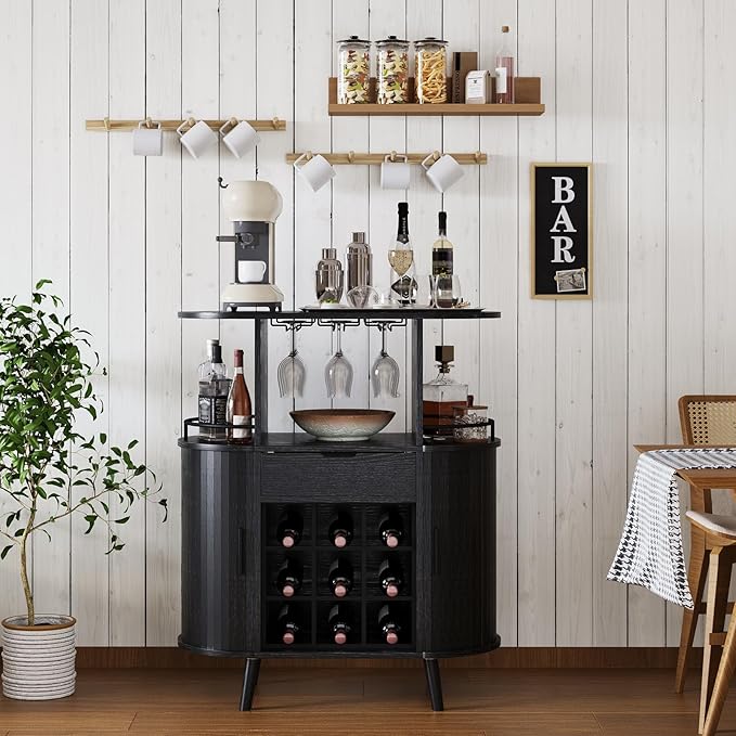 Wine Bar Storage Cabinet, Coffee bar Cabinet for Liquor with Open Wine Rack & Sliding Doors, Modern Home Bar for Living Room, Kitchen, Dining Room（Black