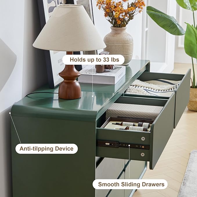AVZEAR Modern 6 Drawer Green Dresser for Kids Bedroom, 48" Wide Wooden Dresser Chest of Drawers, Handle Free & Curved Profile Design, Mid Century Closet Clothes Storage Organizer for Living Room