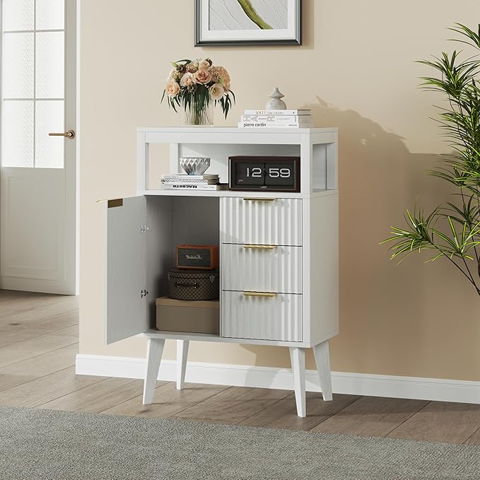 White Bathroom Floor Cabinet with 3 Fluted Drawers & Door, Modern Storage Sideboard with Open Shelf, Coffee Bar Station for Living Room, Entryway, 23.6 x 11.8 x 34.6 Inches