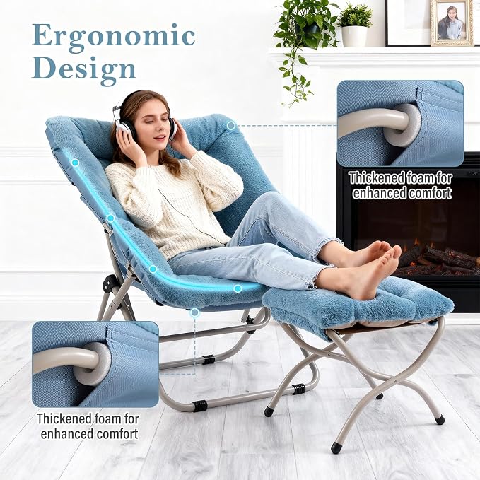 Furlide Saucer Chair With Ottoman - Oversized Folding Faux Fur, X-Large Soft Dorm, Foldable Metal Frame for Bedroom, Living Room, Study, Playroom (Blue)