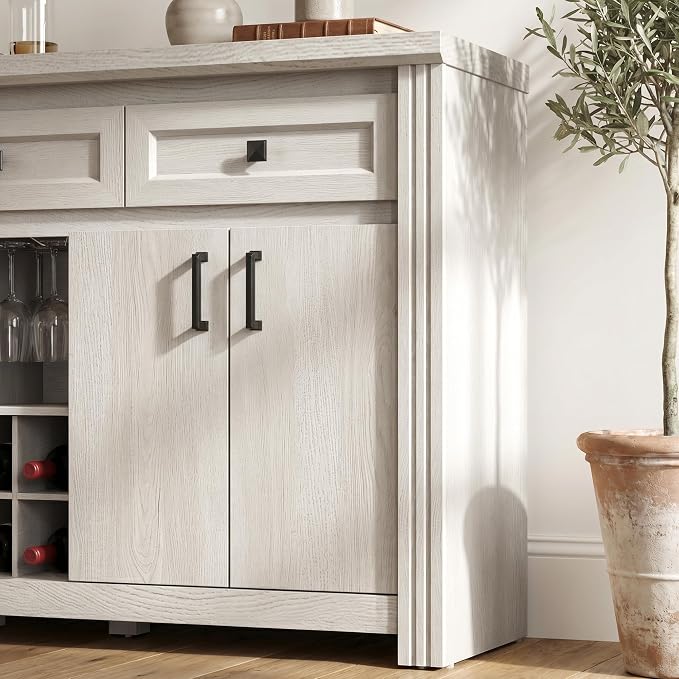 Buffet Sideboard with Storage, 55" Large Kitchen Storage Cabinet with 4 Doors, Wine Rack & Glass Holder, Farmhouse Wood Coffee Bar Buffet Table with Shelves for Kitchen, Dining Room, White