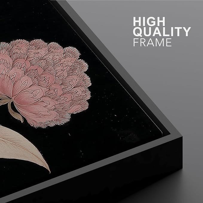 Woodrose Framed Canvas Print Wall Art Soft Pink Floral Arrangement Vintage Style Botanical Illustrations Modern Art Minimalist 3D Colorful Ultra for Living Room, Bedroom, Office - 16"x24" BLACK