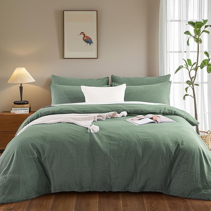 NEXHOME PRO Duvet Cover Twin 100% Washed Cotton, Organic Natural Linen Like Textured, Breathable, Durable, Home Bedding Set, Heathered Green 6890