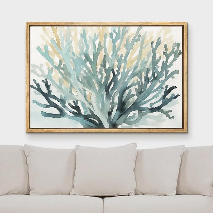 MUDECOR Framed Canvas Print Wall Art Modern Watercolor Coral Branch Abstract Illustrations Minimalism Decorative Bohemian Colorful Zen for Living Room, Bedroom, Office - 16"x24" NATURAL