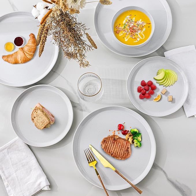 GBHOME 12-Piece Stoneware Dinnerware Set for 4 – Ribbed Ceramic Plates and Bowls, Scratch-Resistant, Microwave & Dishwasher Safe, Reactive Glaze