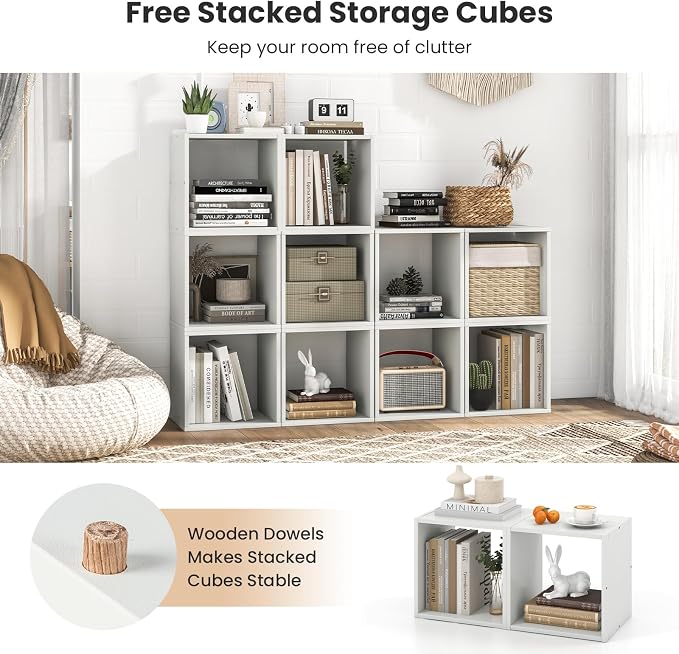 2 Stackable Cubes Bookcase, Wooden Cubby Storage Organizer with Anti-Tipping Device, Small Book Shelf for Small Space, Combination Square Bookshelf Cubes (1, White)