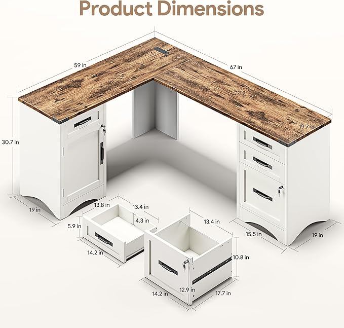 Decofy L Shaped Farmhouse Executive Desk with Drawers, 67" Home Office Desks with Fast Charging Station, Lockable File Cabinet, Wood Writing Computer Desk for Work, Study, White