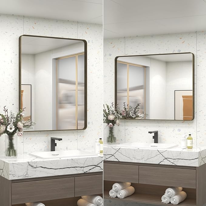 26x36 Inch Bronze Framed Mirror, Brushed Bronze Metal Bathroom Vanity Mirror for Wall, Modern Rectangle Mirror, Rounded Corner, Anti-Rust (Horizontal/Vertical)