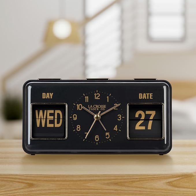 La Crosse Clock 636-379B Daily Flip Black Tabletop Alarm Clock with Calendar