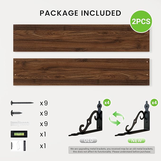 RICHFOCUS Floating Shelves for Wall Decor, 39.4W x 8D Shelves Set of 2, 8 Inch Deep Rustic Wood Shelves Wall Mounted with Brackets, Long Floating Shelves for Living Room Bedroom Kitchen, Walnut