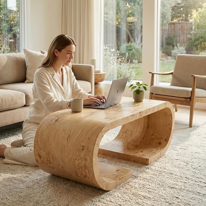 SSLine Mid-Century 47.24" Curved Coffee Table with Pedestal Base Burl Wood Veneer Natural Grain Top Center Table C-Shaped Center Tables for Living Room Bedroom