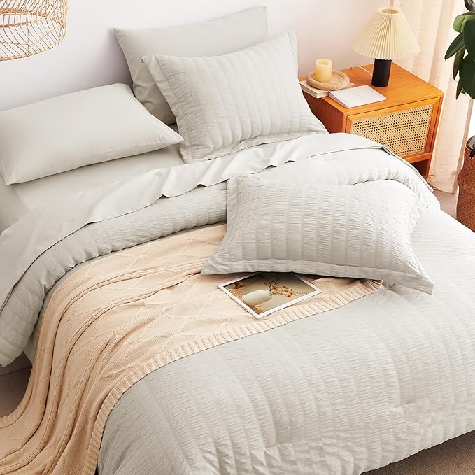 CozyLux Full Size Comforter Sets Beige, 7 Pieces Seersucker Textured Luxury Bed in a Bag, All Seasons Soft Bedding Sets with Down Alternative Comforter, Sheets, Pillowcases & Shams, Home Gift
