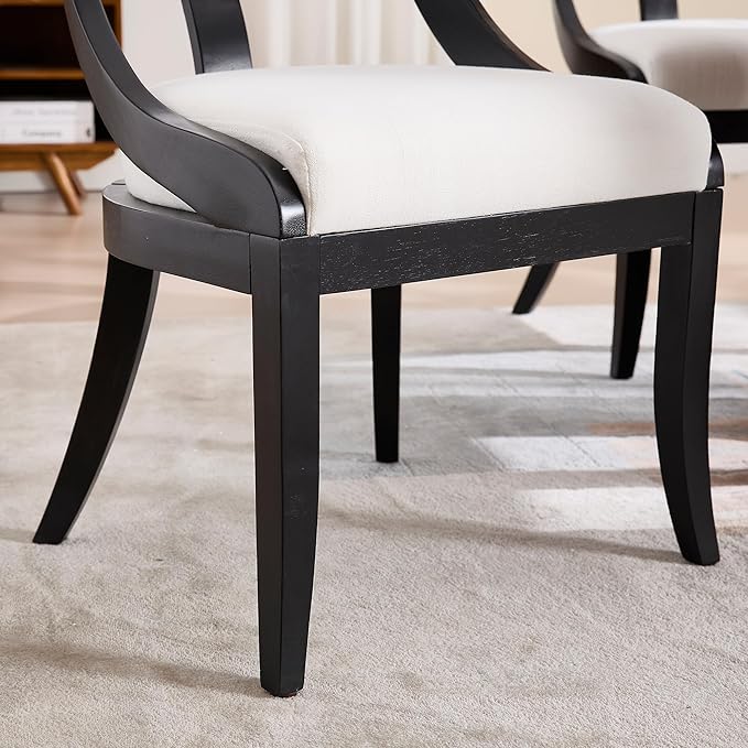 Modern Farmhouse Dining Chairs Set of 6 Mid Century Upholstered Dining Chair with Wooden Curved Back Kitchen Chairs for Dining Room Restaurant Cafe, Black-Linen Beige