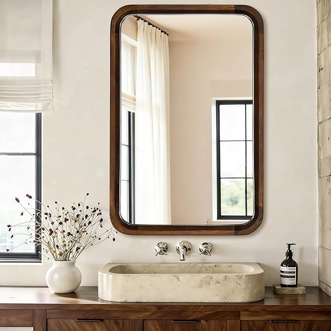 Wood Bathroom Mirror for Wall,Rectangle 20 x 30 inch Hanging Vanity Brown Tempered Mirrors with Rounded Corner for Living Room,Bedroom,Entryway (Walnut, 24x30 Inch)
