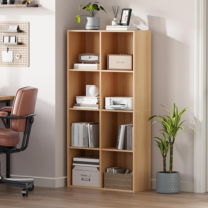 Wooden Storage Organizer with Closed Back Panel, 11in Cube Shelf Opening, Bookshelf, Display Shelf,Closet Cabinet for Home and Office (Natural Oak, 8-Cube 47.8L*9.45W*24.09H)