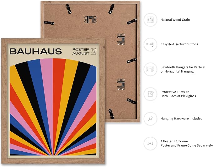 Poster Master Bauhaus Poster - Rainbow Sun Rays Print - Geometric - Abstract Art- Graphic Design - Chic Boho - Mid Century Modern Art - 16x20 Beige Framed