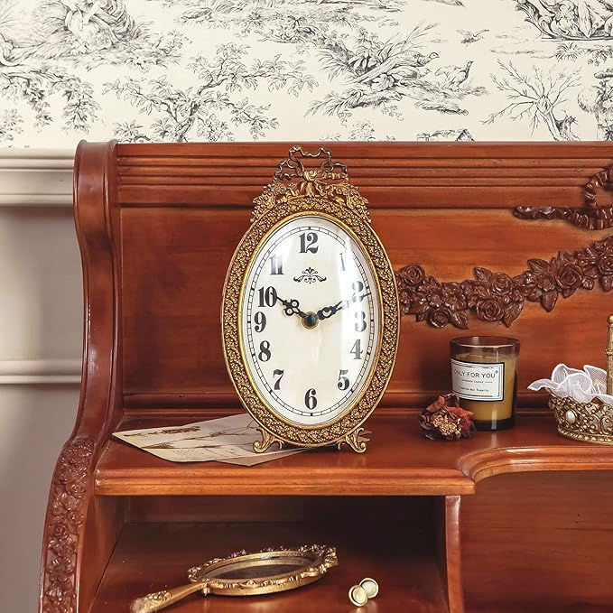 NIKKY HOME Gold Table Clock Silent Non-Ticking, Small Shelf Desk Top Clock Battery Operated Classic Home Decor for Fireplace Mantel, Desktop, Countertop