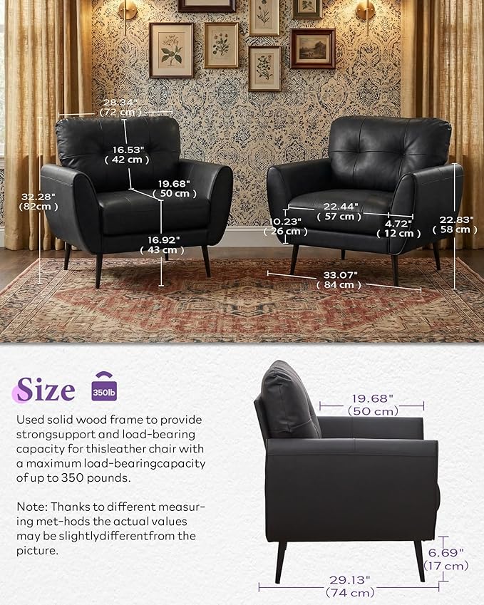 TYBOATLE Accent Chairs Set of 2, Comfy Modern Living Room Chair Black Leather Reading Accent Chairs Tufted Mid Century Arm Chair Small Salon Chair for Office Bedroom (2, Black)