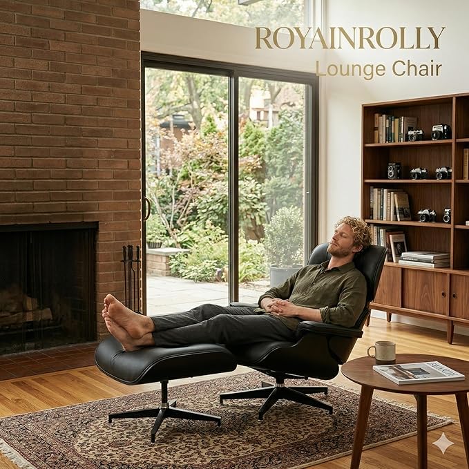 Mid Century Chaise Lounge Chair with Ottoman, Top Black Grain Leather, Modern Office Chair Classic Design, Heavy Duty Base Support for Living Room Study Lounge Office