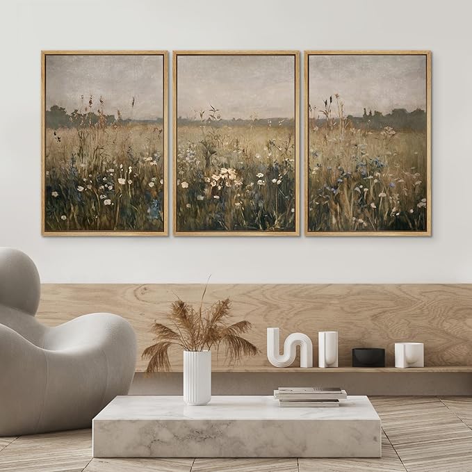 SIGNWIN Framed Canvas Print Wall Art Set Wildflower Meadow Rustic Floral Field Landscape Illustrations Modern Art Decorative Rustic Calm/Zen for Living Room, Bedroom, Office - 16"x24"x3 Natural