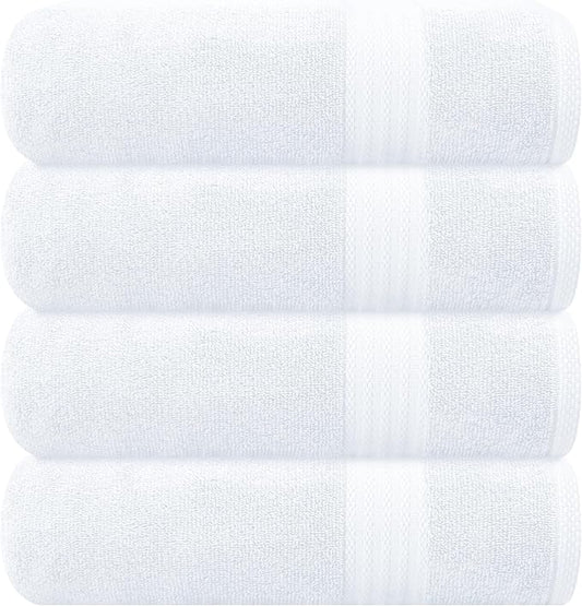 GLAMBURG Premium Cotton 4 Pack Bath Towel Set - 100% Pure Cotton - 4 Bath Towels 27x54 - Ideal for Everyday use - Ultra Soft & Highly Absorbent - White