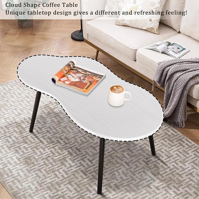 Small Coffee Table Cloud Shaped Irregular Center Table for Living Room Unique White Wood Grain Top Floor Table for Small Space Apartment