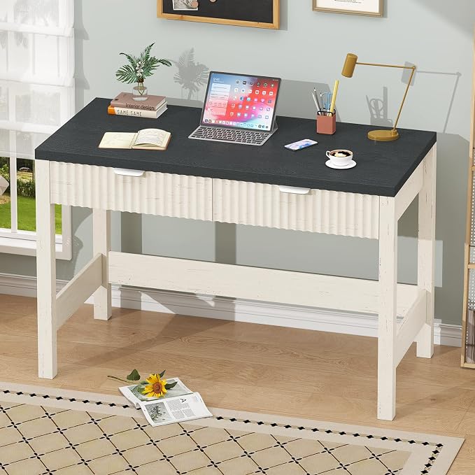 YOMILUVE Fluted Computer Desk with 2 Drawers, 39 Inch Small Computer Desk with Storage, Compact Writing Study Desk for Small Spaces, Black and White